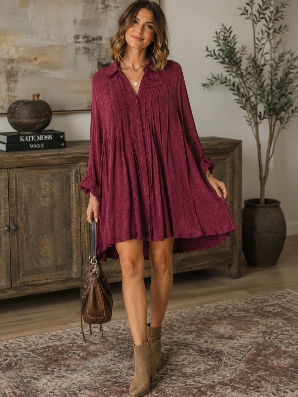 Free People Crinkle Spin Me Tunic Shirt Dress Burgundy Size Small NWOT Boho Over